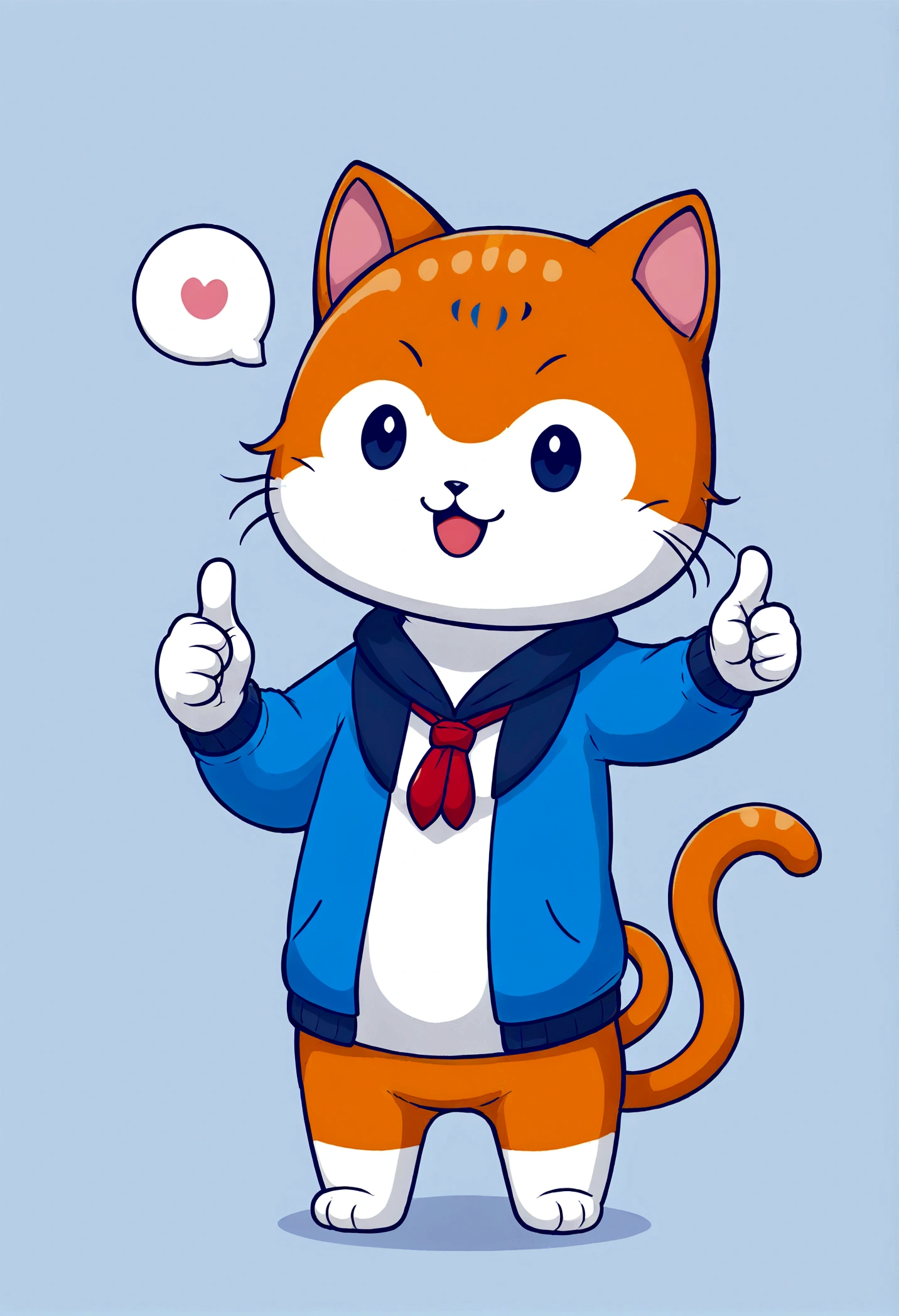 In the style of TOK, cute cat, thumbs up, comic, comic style, looking at the viewer, smiling, simple background
