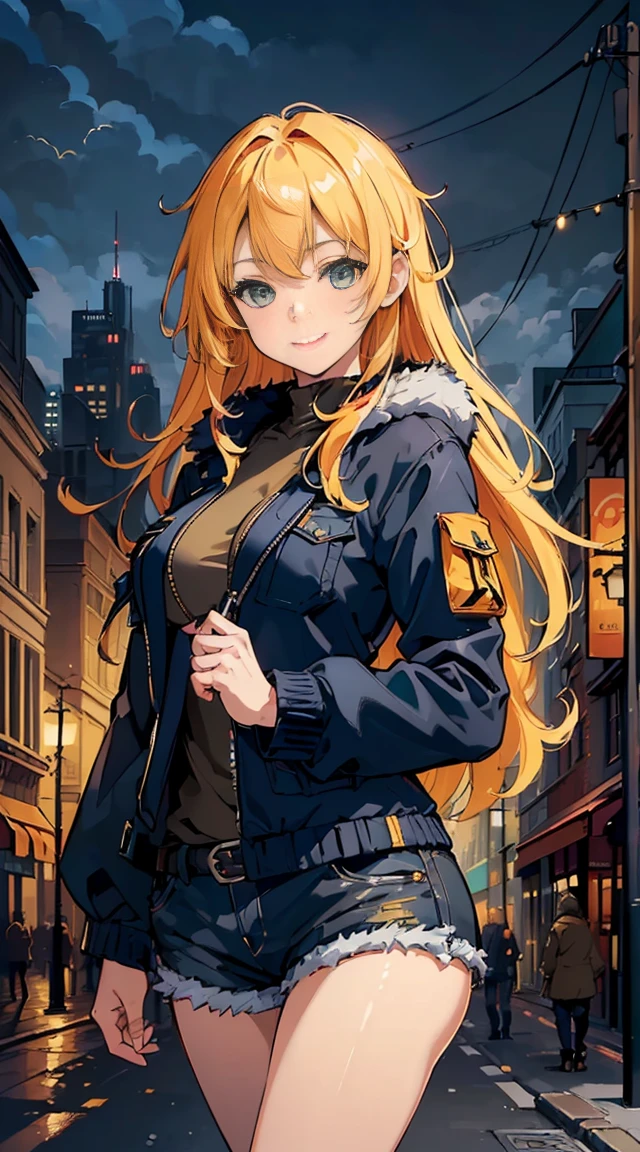 (((masterpiece)), (best quality:1.7), (detailed:1.4), (high res:1.4), 8k, (colorful:1.5), high resolution, sharped image, 4k, hd, (beautiful detailed background:1.2), (beautiful lighting:1.2), (highly detailed:1.2), perfect lighting, (8k wallpaper:1.2), (highly detailed:1.2), (extremely detailed CG:1.2), 1girl, solo, long hair, yellow hair, green eyes, mercenary outfit, cargo shorts, bed hair, cowlick, navy blue short fur jacket, medium breasts, smile, tall buildings, busy streets