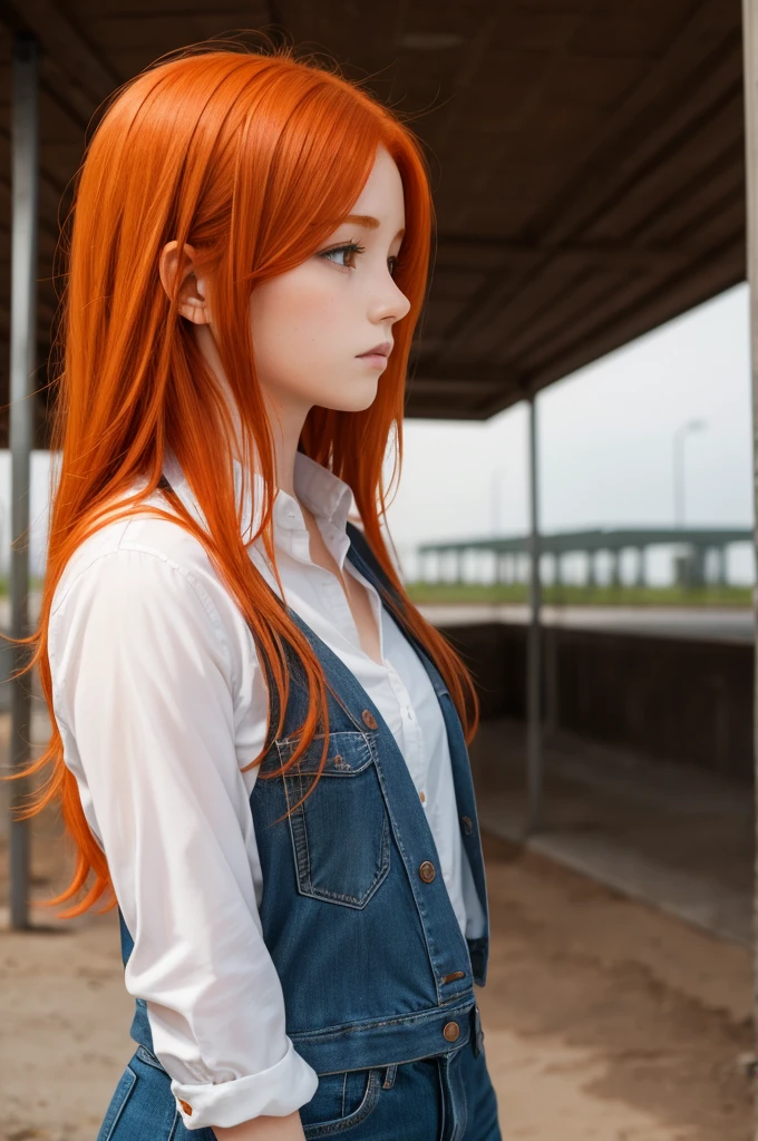 beautiful redhead girl (orange and medium hair) looking forward with a sad look with a school background