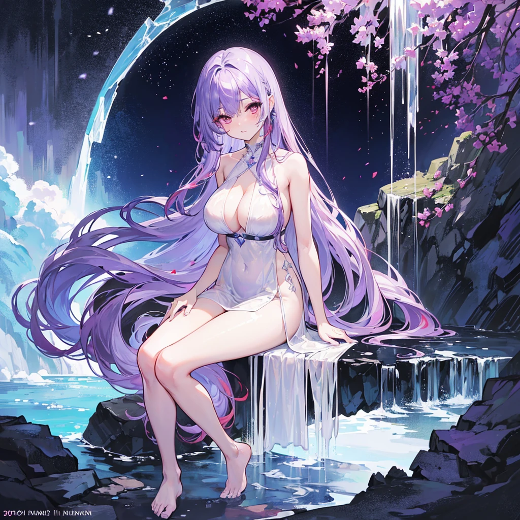 The cascading waterfall plummeted into a crystal-clear pool, creating a mesmerizing display of power and beauty、lens flare、Masterpiece、(40 years old:1.4) 、(1 woman:1.4)、(Light purple hair:1.4),tareme、(straight long hair:1.7),medium breasts,(droopy eyes:1.2)、Cheek dyeing、(purple right eye:1.4), medium breasts,(red left eye:1.4) 、(Eyeshadow:1.3)、(blush:1.2)、light smile、full body