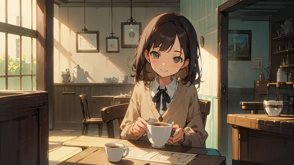 Stylish cafe、Anime Style、Freshly Brewed Coffee、Delicious looking baked goods、Relaxed atmosphere、Cozy atmosphere、Beautiful girl with dark hair sitting and drinking coffee、Wearing a beige cardigan、smile、Warm Light、avert your eyes、Ghibli style