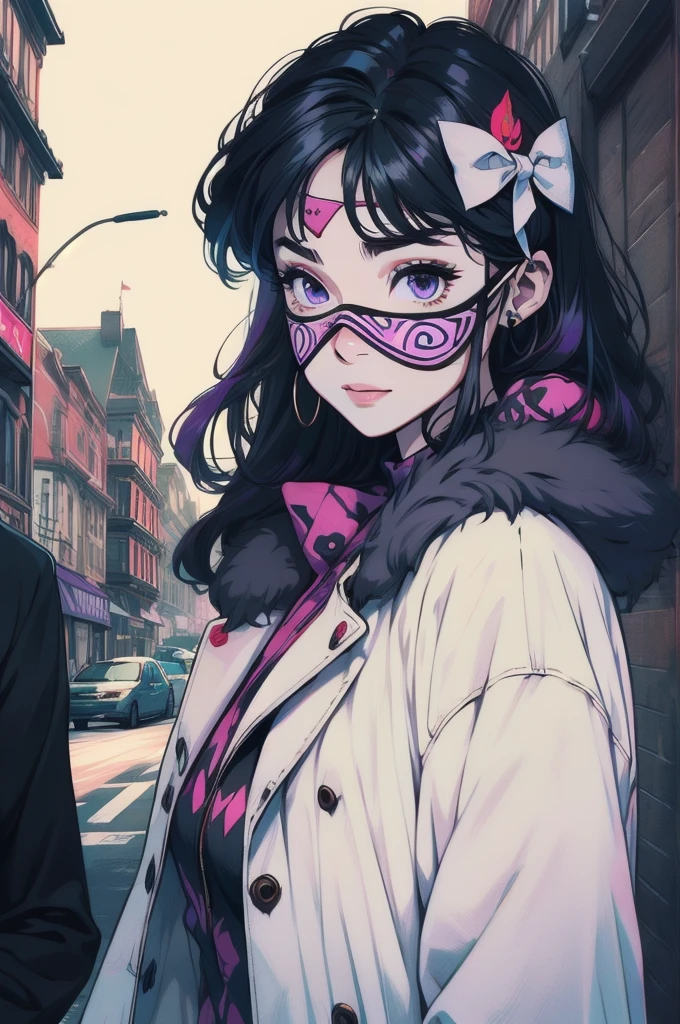 ((カスタムEye mask)), ((Patterned mask)), ((patterned Eye mask)), string hair ribbon, Purple Hair, ((Realistic)), ((Photorealism)), ((photoRealistic)), ((Cosplay)), ((Real Life)), One girl, alone, close your eyes, Black Hair, Multicolored Hair, blush, Fur trim, fur-trimmed coat, smile, coat, Purple Hair, Long Hair, ((Eye mask)), bangs, Mouth closed, bow, Flying Sweat, white coat, ribbon, bandage, Two-tone hair, Upper Body, white bow, hair ornaments