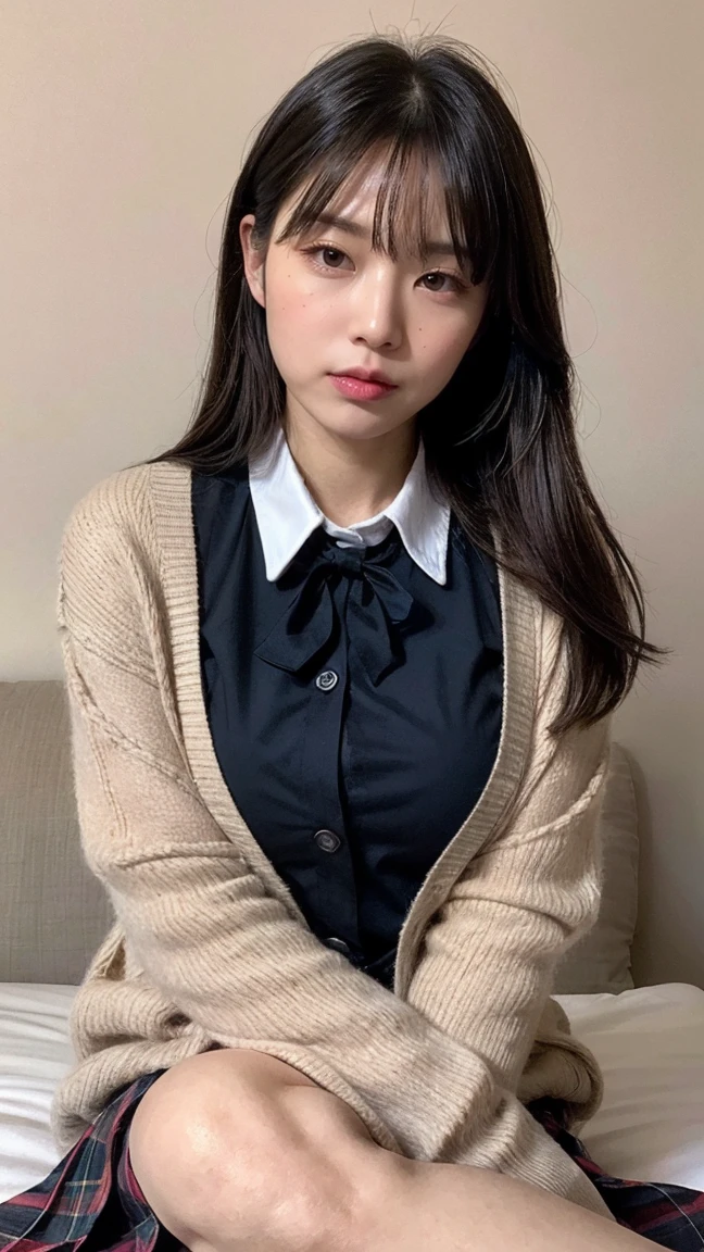 (((8K、High resolution、Highest quality、High resolution)))alone、Natural body shape、White skin、Natural Makeup、Black Hair、bangs、Straight Long Hair、、((High School Uniform)) 、((Beige cardigan、white collared long sleeve blouse))、((Red Plaid Pleated Skirt))、(red school ribbon)、、(Big Breasts:1.3)、((The upper body is wearing a uniform))、(((((Looking into the camera)))))、(((Head to shin portrait)))、(((Exposing thighs)))、Bedroom、On the bed、Sit with your legs apart、((Focus on the ))、White socks