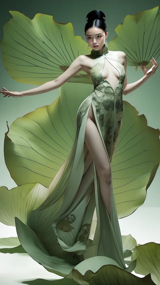 ((Best quality)), ((Masterpiece)), ((Realistic)), 1girl, solo,lotus_leaf_fairy,fullbody shoot，beautiful，Dynamic movements, anatomically correct, traditional Chinese clothing, design, ultra-clear, extreme details