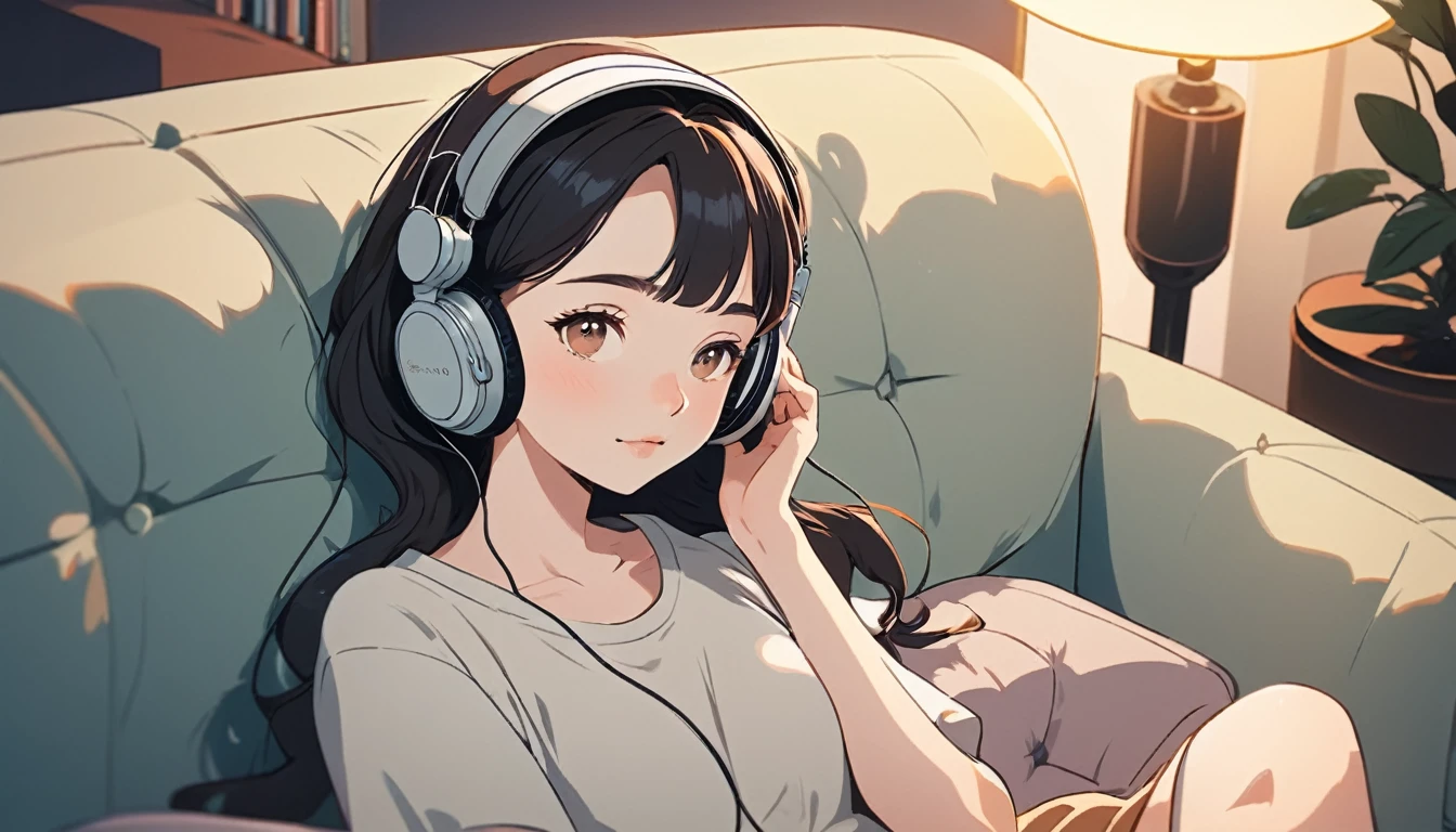 A woman wearing headphones is sitting comfortably on a sofa, Wide-angle lens, Lofi Anime, Lofi illustration, Aesthetic atmosphere, Lo-Fi Style, Vector art, Flat Design, Simple shape, Warm tones, Pleasant atmosphere, Chill, In anime style, Digital drawing, Vector art, Vector logo for t-shirt printing, (Adorable:1.5), (small:1.4), (Playful:1.2), (soft:1.3), (Whimsical:1.1), masterpiece, Highest quality, 8K, Intricate details, grow, Celestial, Mysterious, Picturesque, amazing, Majestic, Magic, Fantasy art, Cover art, dream-like