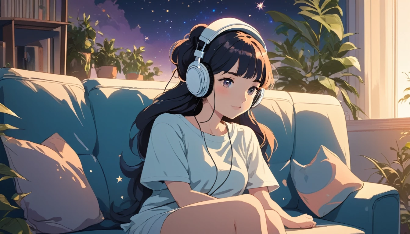 A woman wearing headphones is sitting comfortably on a sofa, Wide-angle lens, Lofi Anime, Lofi illustration, Aesthetic atmosphere, Lo-Fi Style, Vector art, Flat Design, Simple shape, Warm tones, Pleasant atmosphere, Chill, In anime style, Digital drawing, Vector art, Vector logo for t-shirt printing, (Adorable:1.5), (small:1.4), (Playful:1.2), (soft:1.3), (Whimsical:1.1), masterpiece, Highest quality, 8K, Intricate details, grow, Celestial, Mysterious, Picturesque, amazing, Majestic, Magic, Fantasy art, Cover art, dream-like
