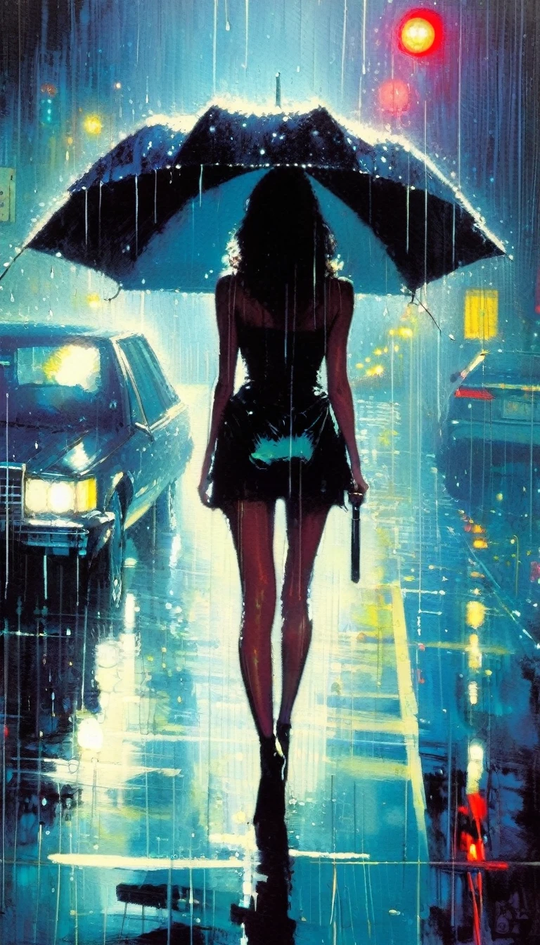 alone, sexy, night, rain (art inspired by Bill Sienkiewicz ). oil painting)
