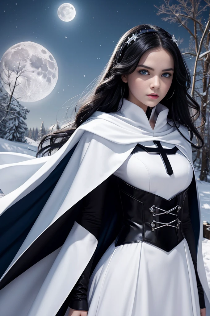teenager, 1.3, super villain, lolita, with black hair and blue eyes, detailed face , sexy, white woman, dress with cape, desing with christian cross , background in snow , moon behind