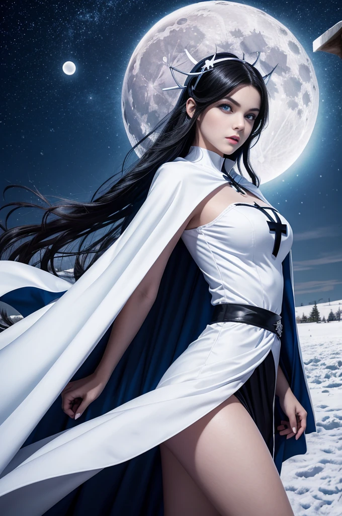 teenager, 1.3, super villain, lolita, with black hair and blue eyes, detailed face , sexy, white woman, dress with cape, desing with christian cross , background in snow , moon behind