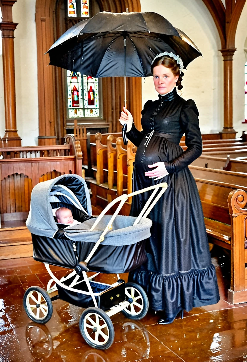 A pregnant in tight woolen Victorian outfit, with babystroller, in church, rain, soakingwetclothes, 1800’s