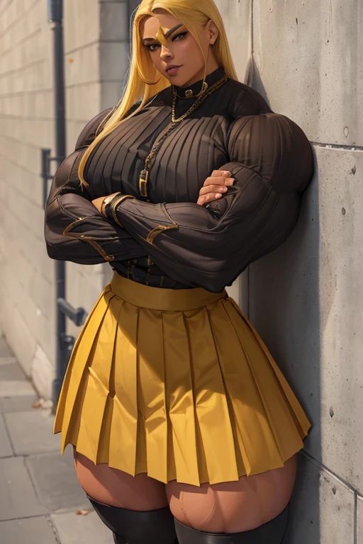 ((((Massive tall, beautiful, buff, light brown skinned muscular woman with yellow hair, black lipstick, ginormous bulky muscles, leaning on a wall crossed arms and wearing a yellow long sleeve pleated shirt with beautiful long pleated skirt)))), (close view), (massive muscles), long flowing hair, ((chained belt)), gray eyes, choker, ((yellow long sleeve pleated shirt and tie)), neck tie, ((beautiful long pleated skirt)), belt, thigh high socks, black boots, (at a nightly Campus), closed smile, night, massive muscles