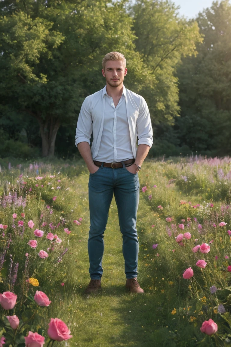 A Handsome Cute Men with blonde hair is standing in a magnificent field containing of turqouis diamond roses