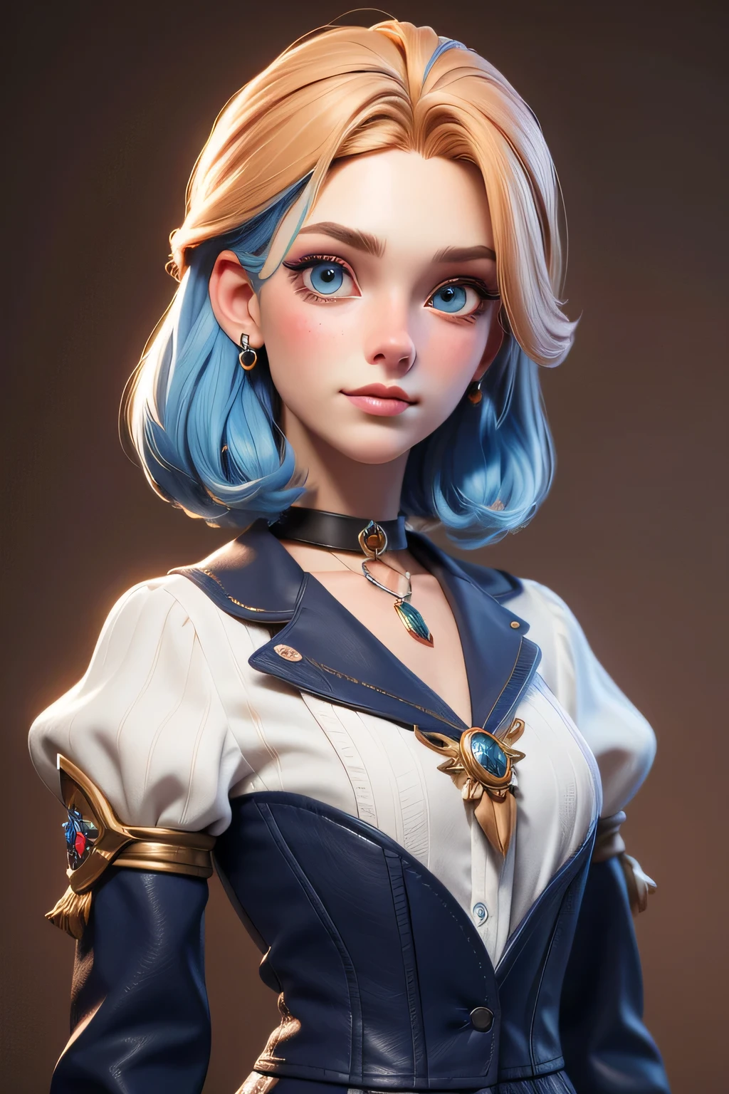 Masterpiece artwork, best qualityer, 3d rendering work, 3DMM style, close-up, portraite, 3d, 1girl, solo, blue hair, chestnut hair, hair blonde, necklase, freckles, jewelly, two tone hair, looking at side, realisitic, upperbody, simple white background, bangss, looking off into distance, shorth hair, separated-lips, eyes browns,Gothic, choker, make-up, white shirt,