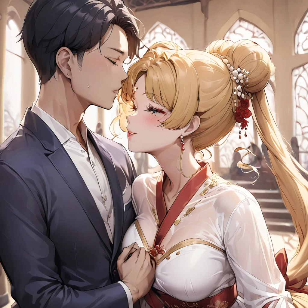 ((Highest quality)), ((masterpiece)), (detailed), （Perfect Face）、The woman is wearing a red wedding dress made of gold embroidered Hanfu fabric in a luxurious Chinese church. She is embracing a middle-aged Chinese man in Hanfu and kissing him in a vow to get married. The man and woman are both wearing engagement rings.、The woman has a gorgeous hairstyle and wears gorgeous jewellery.、The woman is the elegant Tsukino Usagi, with long blonde hair in a chignon twin tail.、A man is dressed in a Hanfu groom costume and is having a wedding with a woman