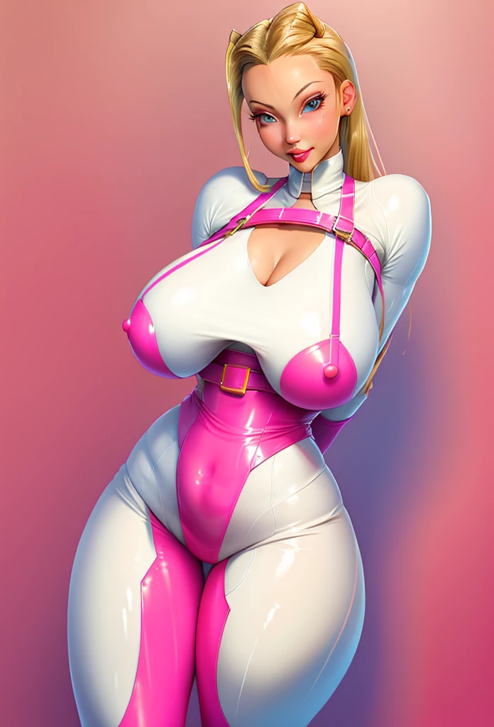 1girl official art ((cammy white)) blonde (curvy-atlhetic) in a pink latex outfit posing for a picture, pink body harness, , busty, , intricate wet latex suspenders, pink body, latex domme, smooth skin, covered in pink flesh, (saggy breasts),huge cleavage,, seductively looking in front, huge breasts, wearing latex best quality, absurdres, beautiful details, intricate detailed, perfect composition, amazing sexy , slluty look,