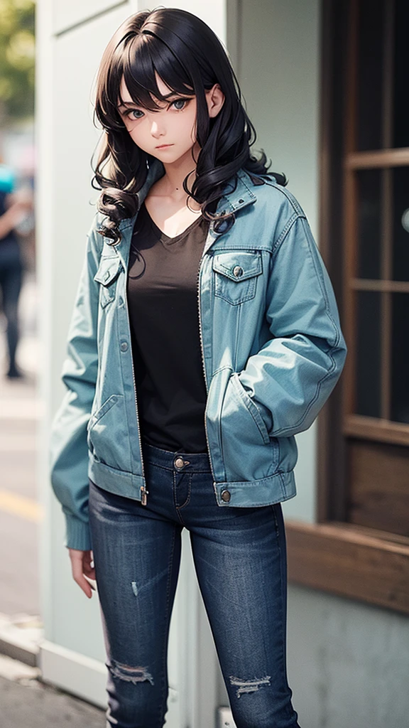A 15 year old boy with greenish eyes with light blue tones,Her hair was curly and long until it reached her ears and her hair color was dark.,wore a black denim jacket,wore slightly ripped jeans