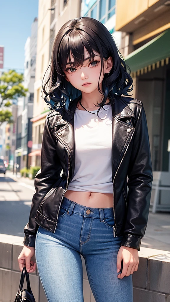 A 15 year old boy with greenish eyes with light blue tones,Her hair was curly and long until it reached her ears and her hair color was dark.,wore a black denim jacket,wore slightly ripped jeans 