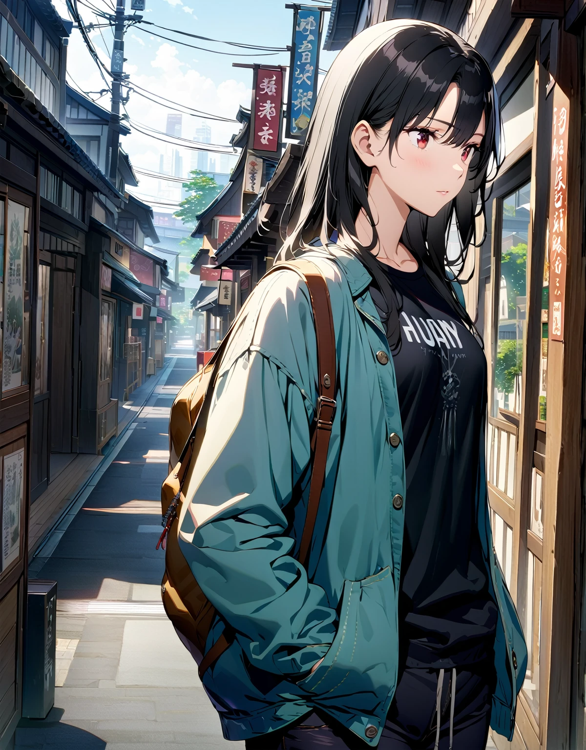 Very delicate and beautiful,非常にdetailed,CG,Unity,8k wallpaper,wonderful,detailed,masterpiece,The best quality in the best condition,Official Art,非常にdetailed CG 8k Unbelievably ridiculous resolution,Beautiful and exquisite,High resolution,非常にdetailedな目と顔,(Put your hands in your pockets:1.4), (Shibuya Ward:1.4), (Daytime lighting:1.4), (Long black hair:1.4), Red Eyes, Black T-shirt,Bag on the shoulder,Japan Town,One person