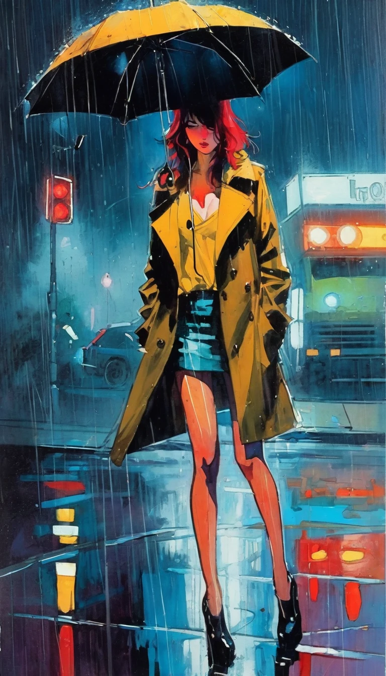 alone, sexy, night, rain (art inspired by Bill Sienkiewicz ). oil painting)
