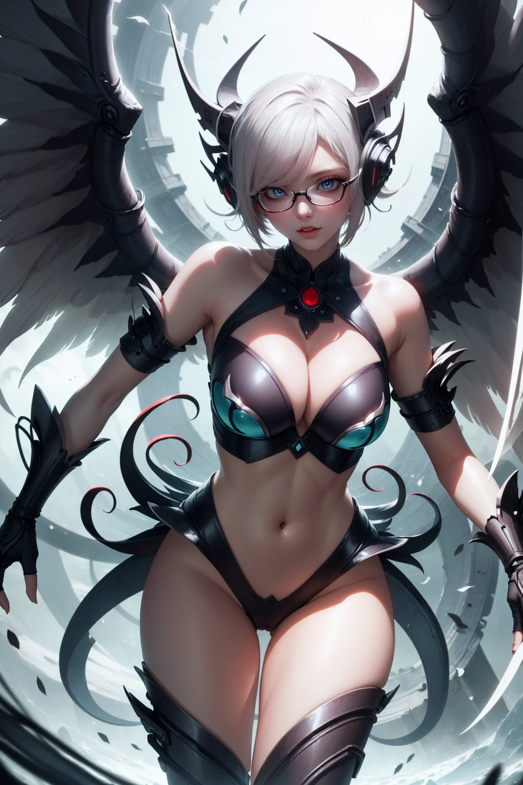 technology siren woman with white wings, sexly, blues colors, With glasses