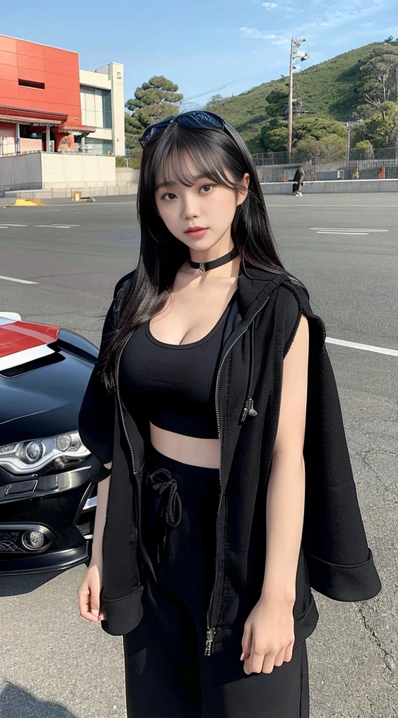 Japanese girl wearing a black robe jacket, wearing black trousers, wearing a tank top, wearing a black choker necklace, has a six pack stomach, taking a photo in front of a sports car,