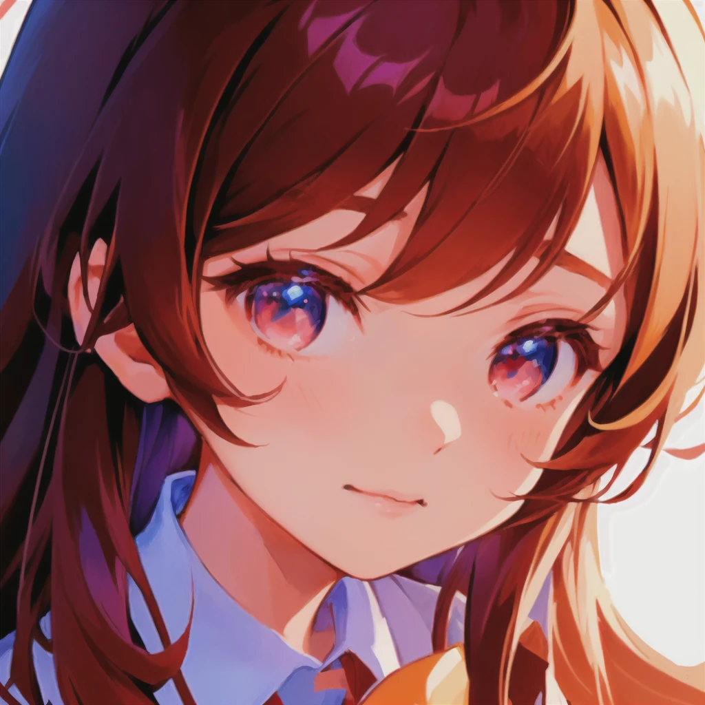 Anime girl with long brown hair and red eyes wearing a white shirt, sayori, Animation Moe Artstyle, Detailed portrait of anime girl, [[[[Just smile]]]], portrait anime girl, Guys, cute Anime Girl Portraits, anime style portrait, Detailed digital animation art, Kantai Collection Style, Anime Girl Portrait, very cute anime girl face
