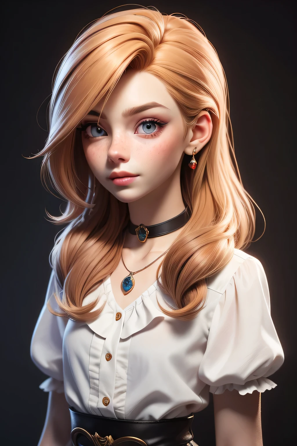 Masterpiece artwork, best qualityer, 3d rendering work, 3DMM style, close-up, portraite, 3d, 1girl, solo, multicolored hair, chestnut hair, hair blonde, necklase, freckles, jewelly, two tone hair, looking at side, realisitic, upperbody, simple white background, bangss, looking off into distance, shorth hair, separated-lips, eyes browns,Gothic, choker, make-up, white shirt,