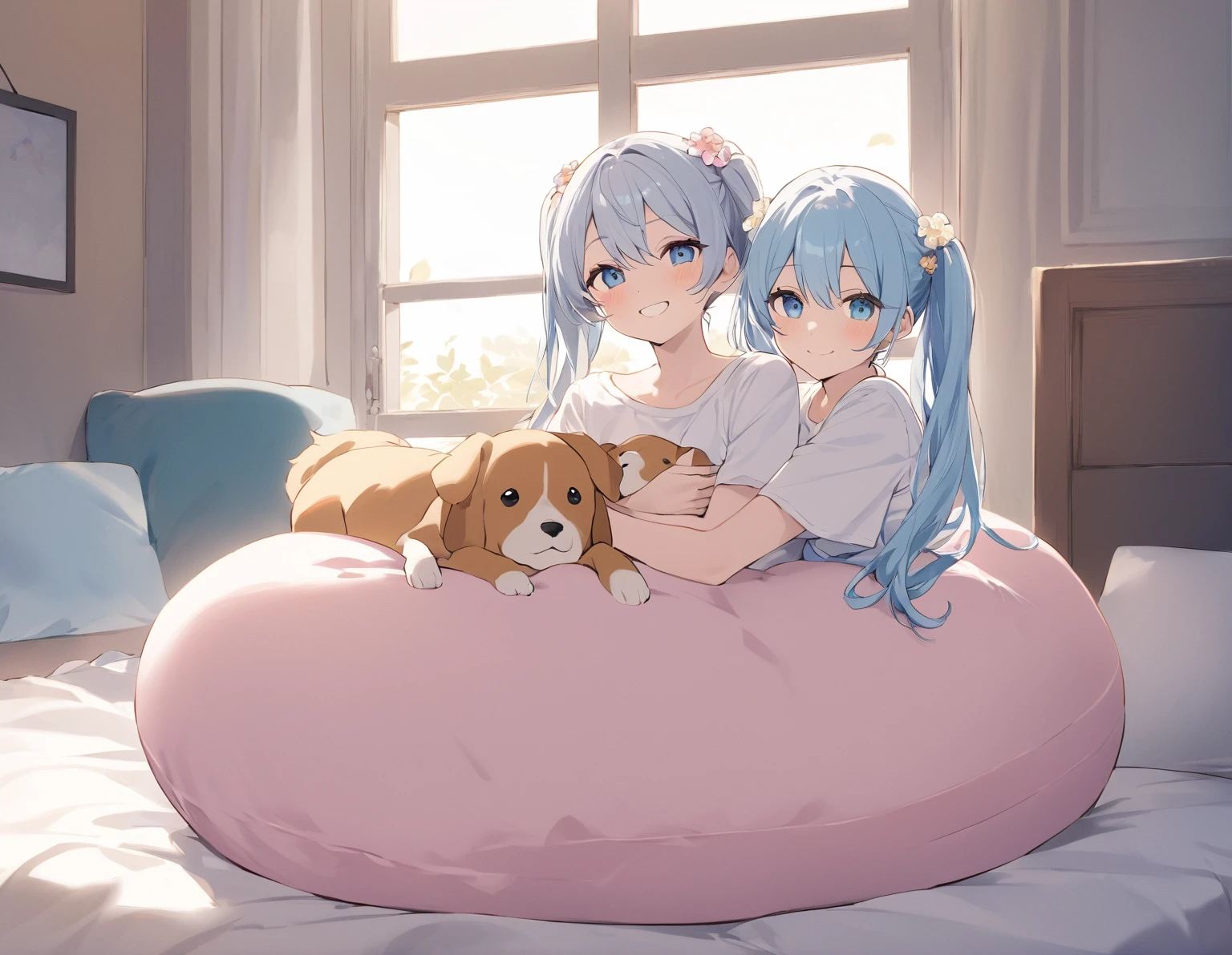 The room is decorated with many margaret flowers...、Margaret flowers on the windowsill、The morning sun is shining、Long light blue hair、beautiful girl with twin tails、Bright smile、Sitting on the bed hugging a big body pillow、My dog is watching over me beside my bed
