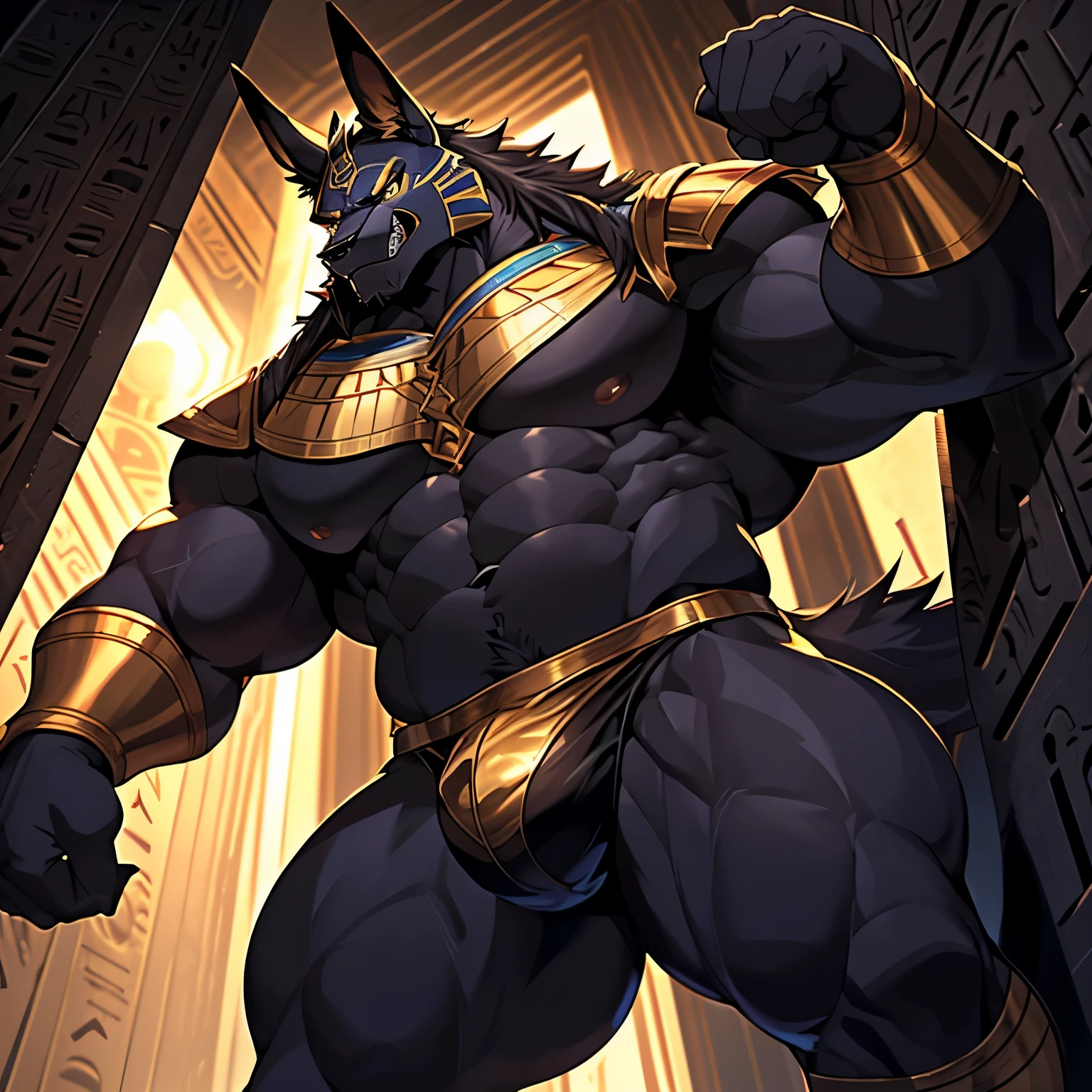 anubis jackal，Behemoth，4k HD，wallpaper, egyptian armor, anubis mask, angry expression, hand on wall, (night time: 1.1), huge chest, (bara pecs: 1.4), (dense oversized huge pecs: 1.1), (big crotch bulge: 1.6), gold thong, thick ass, dark dramatic lighting, epic, dutch angle, low angle