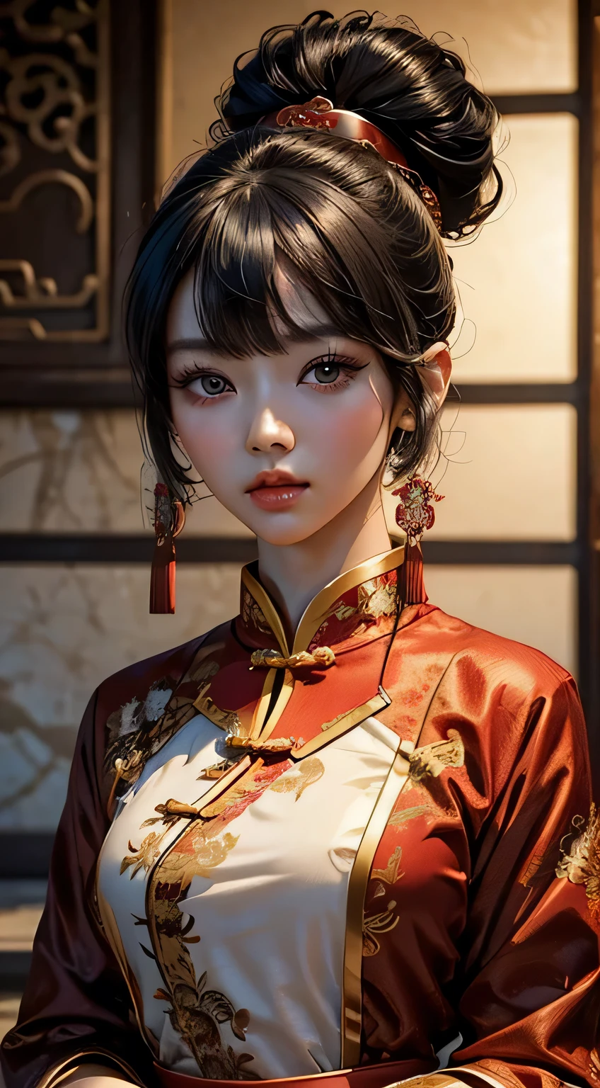 1 woman, beautiful chinese woman, 25 years old, up do black hair with bangs, porcelain skin, smaller head, brown eyes, round breasts, red traditional Chinese dress, masterpiece, ultra HD, realistic masterpiece, blurred background, relaxed poses, full lips, perfect hands, perfect eyes, perfect face, perfect details, sharp focus