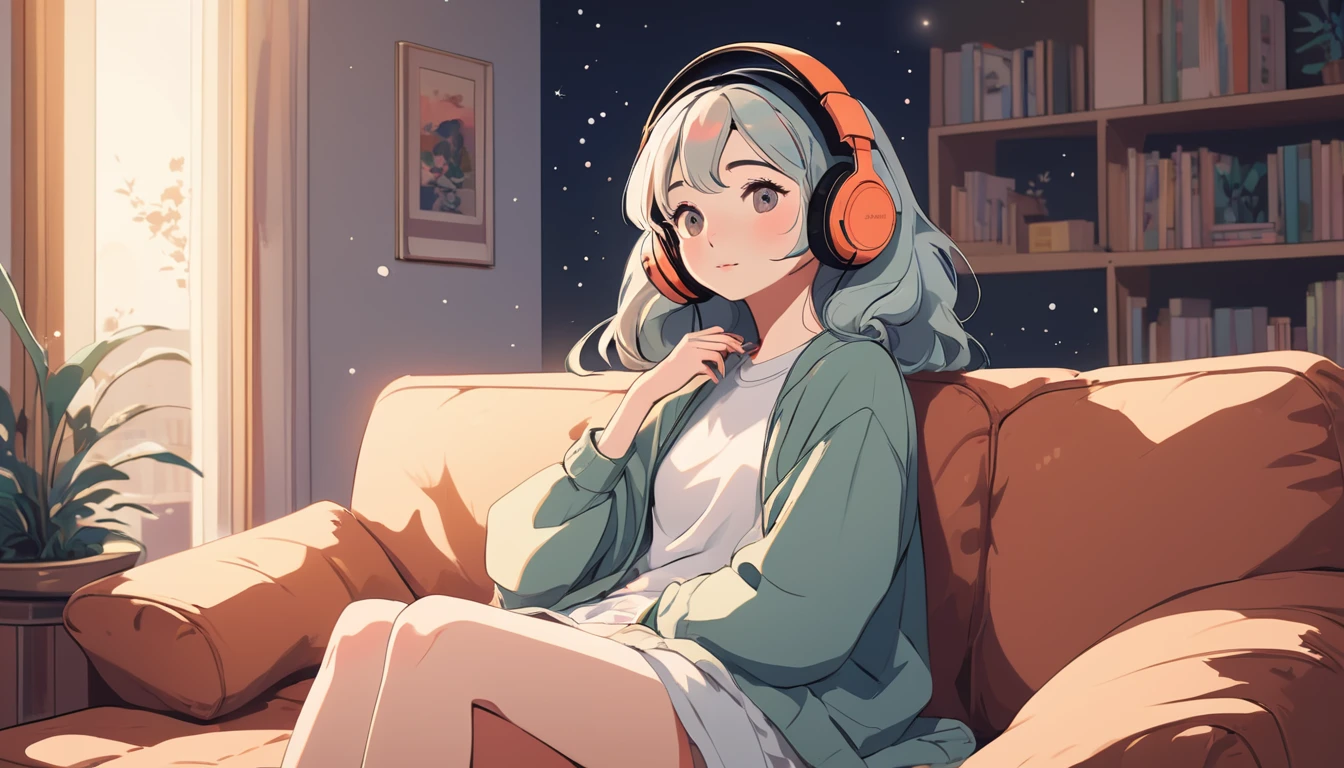 A woman wearing headphones is sitting comfortably on a sofa, Wide-angle lens, Lofi Anime, Lofi illustration, Aesthetic atmosphere, Lo-Fi Style, Vector art, Flat Design, Simple shape, Warm tones, Pleasant atmosphere, Chill, In anime style, Digital drawing, Vector art, Vector logo for t-shirt printing, (Adorable:1.5), (small:1.4), (Playful:1.2), (soft:1.3), (Whimsical:1.1), masterpiece, Highest quality, 8K, Intricate details, grow, Celestial, Mysterious, Picturesque, amazing, Majestic, Magic, Fantasy art, Cover art, dream-like