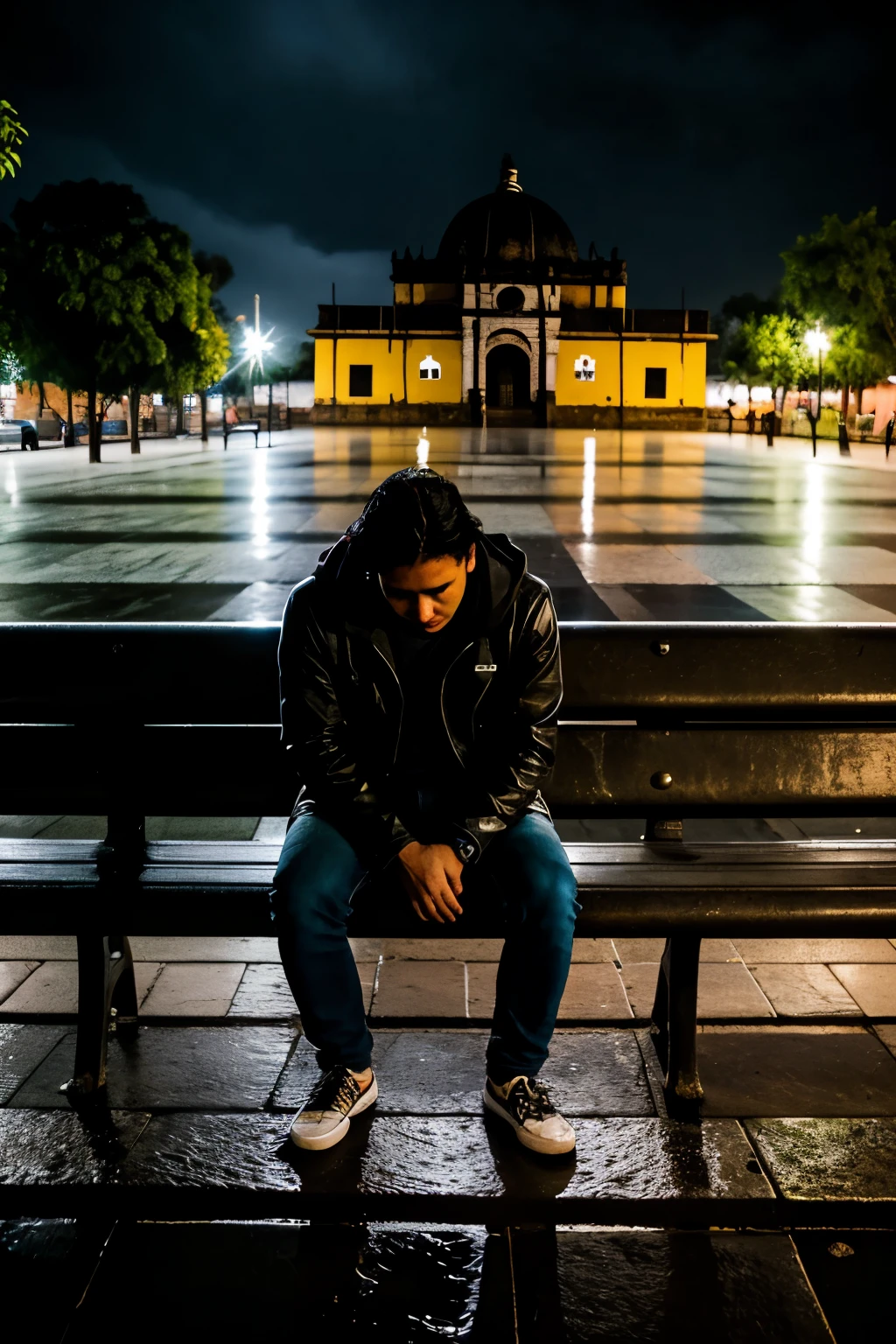 Sad boy in the middle of the rain at night sitting on a bench looking at the floor front photo , place Yecapixtla Morelos 