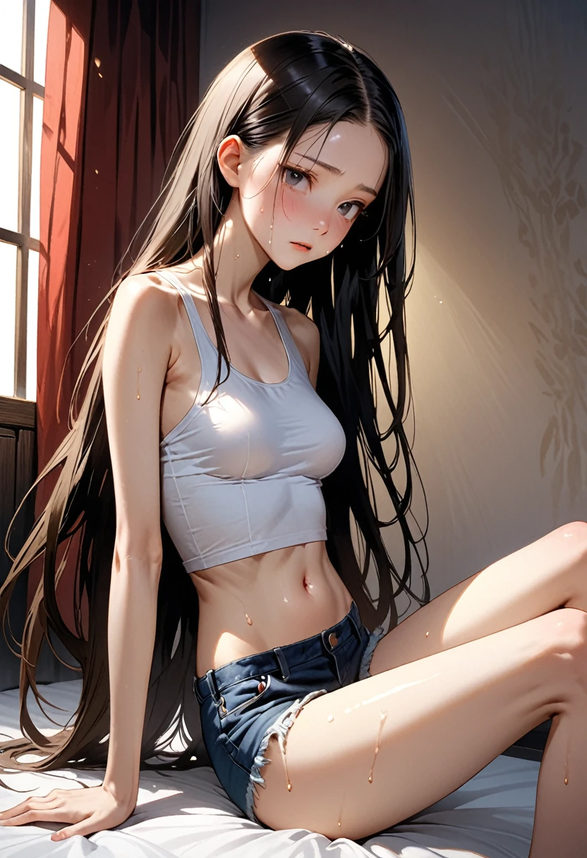 ((masterpiece,Highest quality;1.3,best illustration,realistic)),1woman、独奏,18 year old beauty,((very small head)),center parted hair,black hair,long hair,black eyes,gorgeous eyes,shy,medium breasts,((very long body)),((toned body,slender body,skinny)),gleaming skin,shiny skin,oily skin,sweat,White tank top、navel、denim micro shorts、Simple bed、Simple bedroom、Dimly lit room、Tokyo、