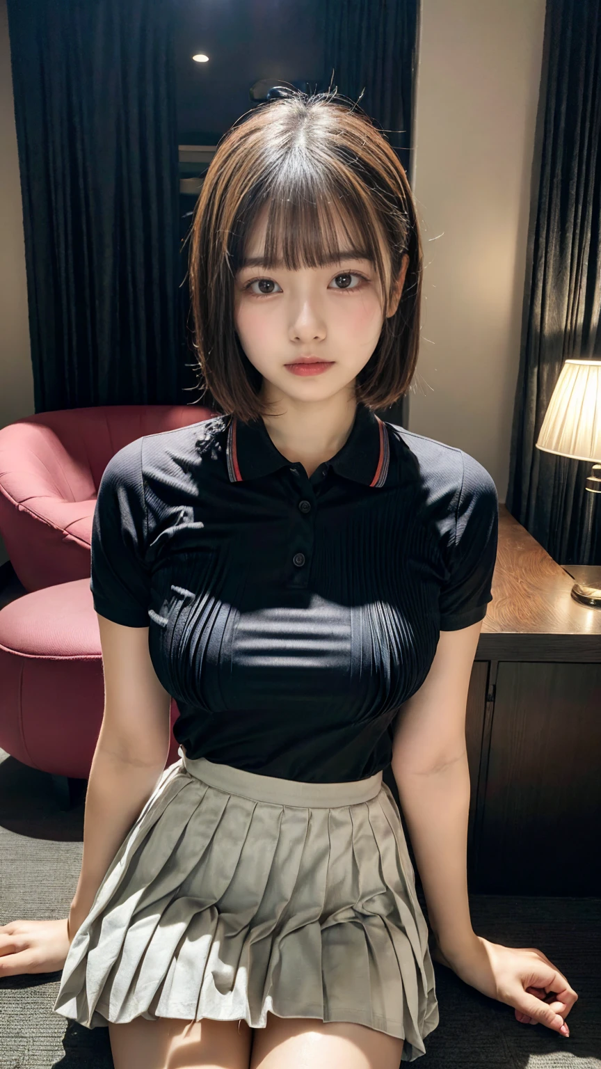 (8K, RAW Photos, Highest quality, masterpiece:1.2), (professional photography, full colors, studio-caliber color grading), (Gravure quality for high-end fashion magazines), close up, BREAK,18 year old girl,(short bob hair:1.1), crying a little, Harajuku style, Big Natural Color Lip, (Plumpy body:1.2 (smooth skin:1.1 (huge breasts:1 BREAK (A tight polo shirt that expresses the roundness and softness of the chest area. pleated skirt, BREAK (hotel room:1)