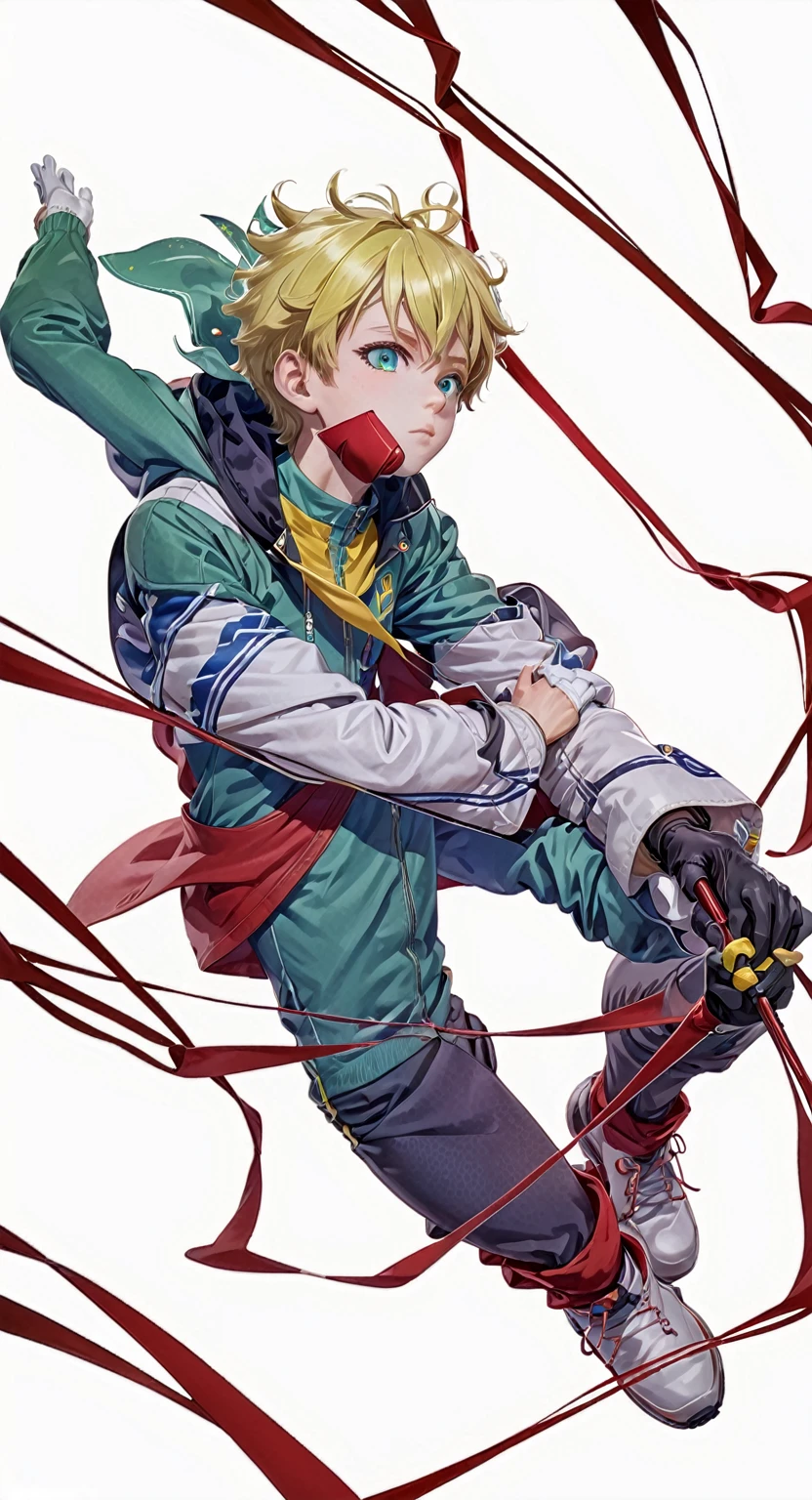 A closeup of a person wearing a green suit and a yellow cape, trend in Station, tall anime boy with blue eyes, manga cover style, trend in Station, shigenori soejima illustration, official art and wears special white gloves, red sleeves, technological y sacando unos tentáculos negros 