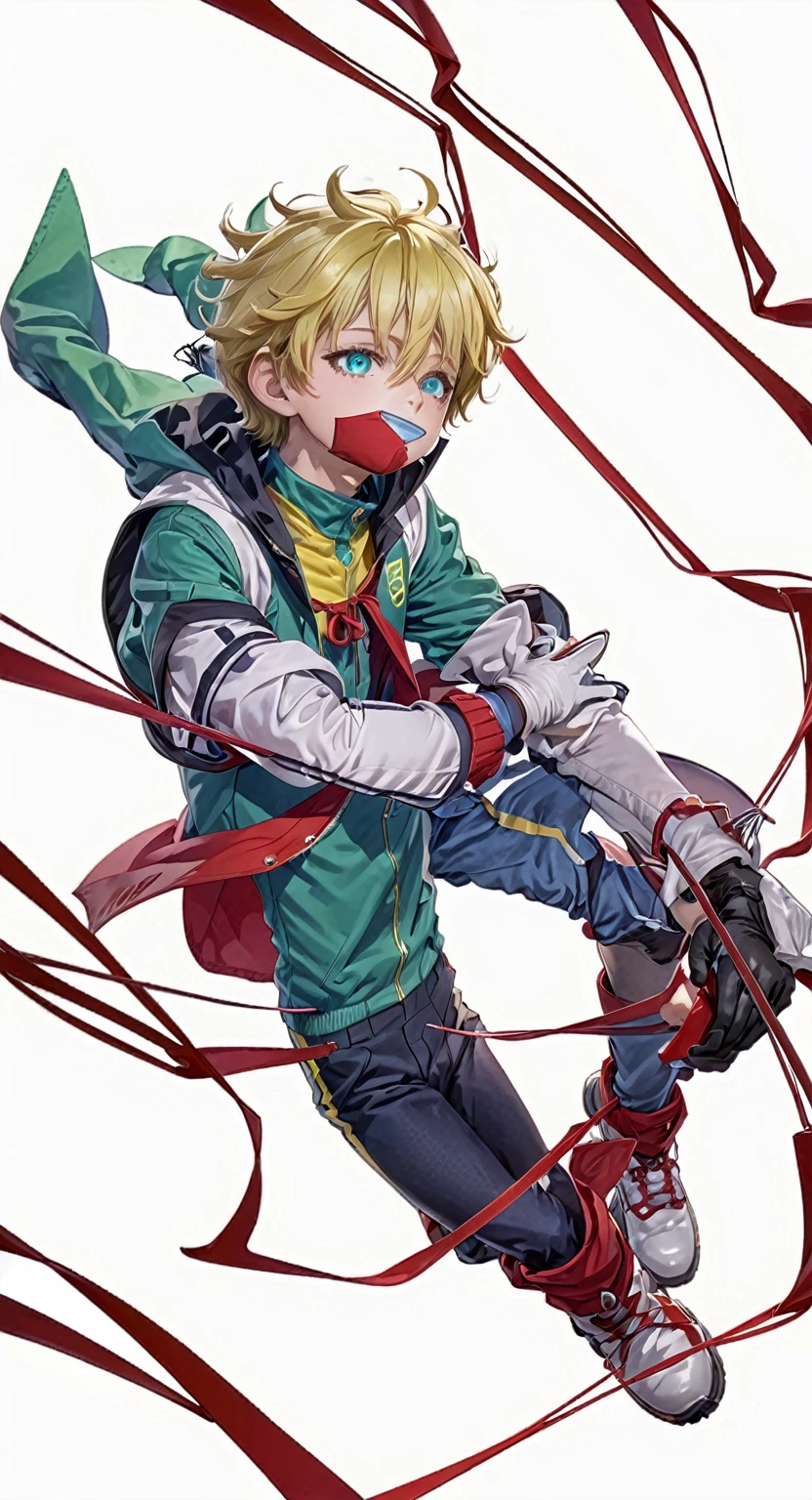 A closeup of a person wearing a green suit and a yellow cape, trend in Station, tall anime boy with blue eyes, manga cover style, trend in Station, shigenori soejima illustration, official art and wears special white gloves, red sleeves, technological y sacando unos tentáculos negros 