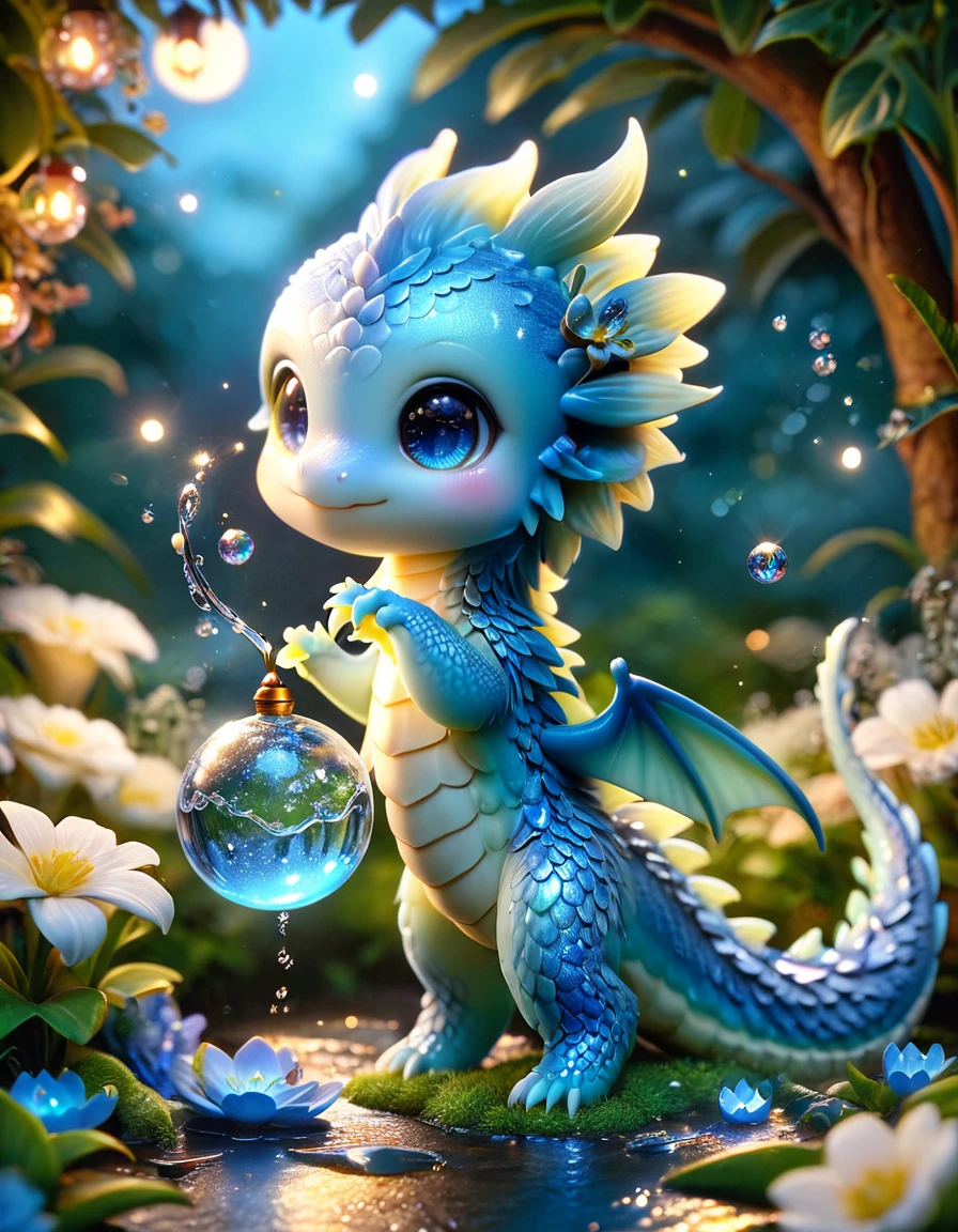 absurdres, highres, ultra detailed, HDR, master piece, light blue dragon, cute, best quality, blue moon, flowers, fantasy, magical, solo, water, blue shining fireflies, blue petals, fe cristal sphere, magic, small dragon