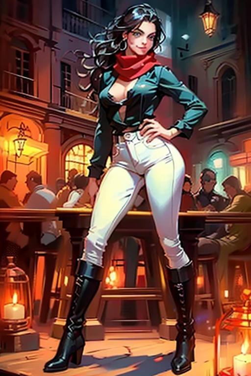 ((playing with a raven:1.4)),Beautiful 20 yo Mediterranean woman, beautiful athletic figure, shapely toned legs, perfect round ass, natural perky breasts,(abs), ((long dark hair)), green eyes. (joy:1.4), sweet smile,  Smoky eye,mascara,  long sleeve blouse, scarf, low rise skinny jeans, boots. Wavy hair. Tapas bar. Enjoying a glass of red wine.Masterpiece, best quality,(highly detailed:1.2),(detailed face and eyes:1.2), 8k wallpaper, cinematic lighting. core shadows, high contrast, bokeh.