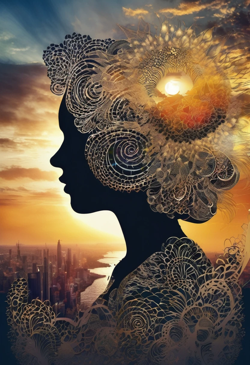 Double exposure. Main image is the silhouette of a woman's head, inside the silhouette is a beautiful city landscape at sunset: Double exposure, photorealistic, spikes metallic and dark colored background, Fantastical spiraling splash ar
t zentangle , serene, relaxed zen spiraling Fantastical flowers sun rays dark clouds