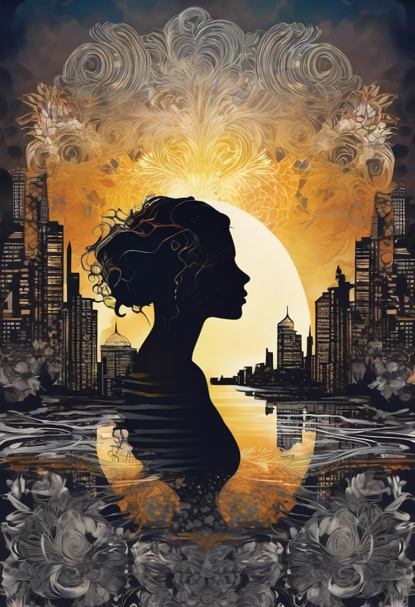 Double exposure. Main image is the silhouette of a woman's head, inside the silhouette is a beautiful city landscape at sunset: Double exposure, photorealistic, spikes metallic and dark colored background, Fantastical spiraling splash ar
t zentangle , serene, relaxed zen spiraling Fantastical flowers sun rays dark clouds