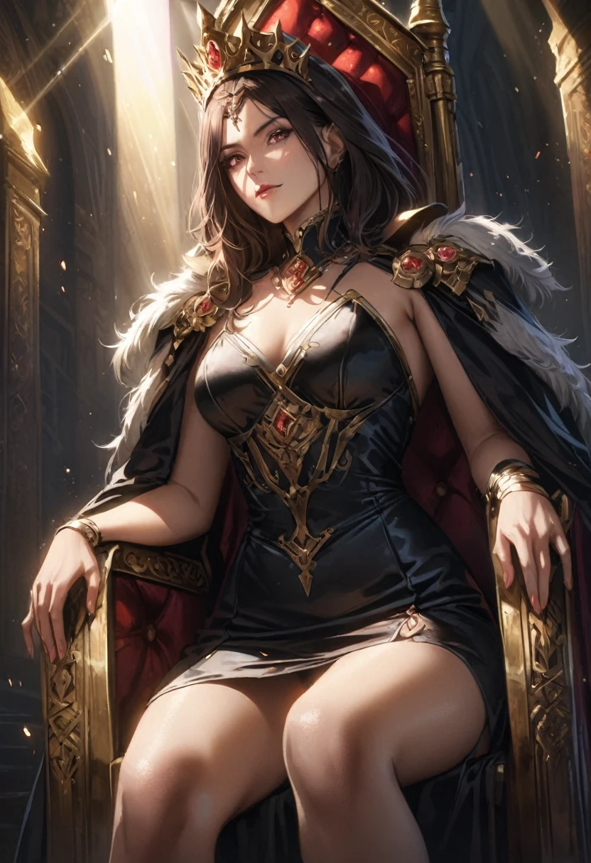 (photorealism:1.2), beautiful woman, a mother, she's a princess, hentai anime digital art, black long hair, calm gentle motherly expression, she is fully covered, she is sitting down on chair, she is fully covered in black and gold royal gown, large breasts, background of a royal room