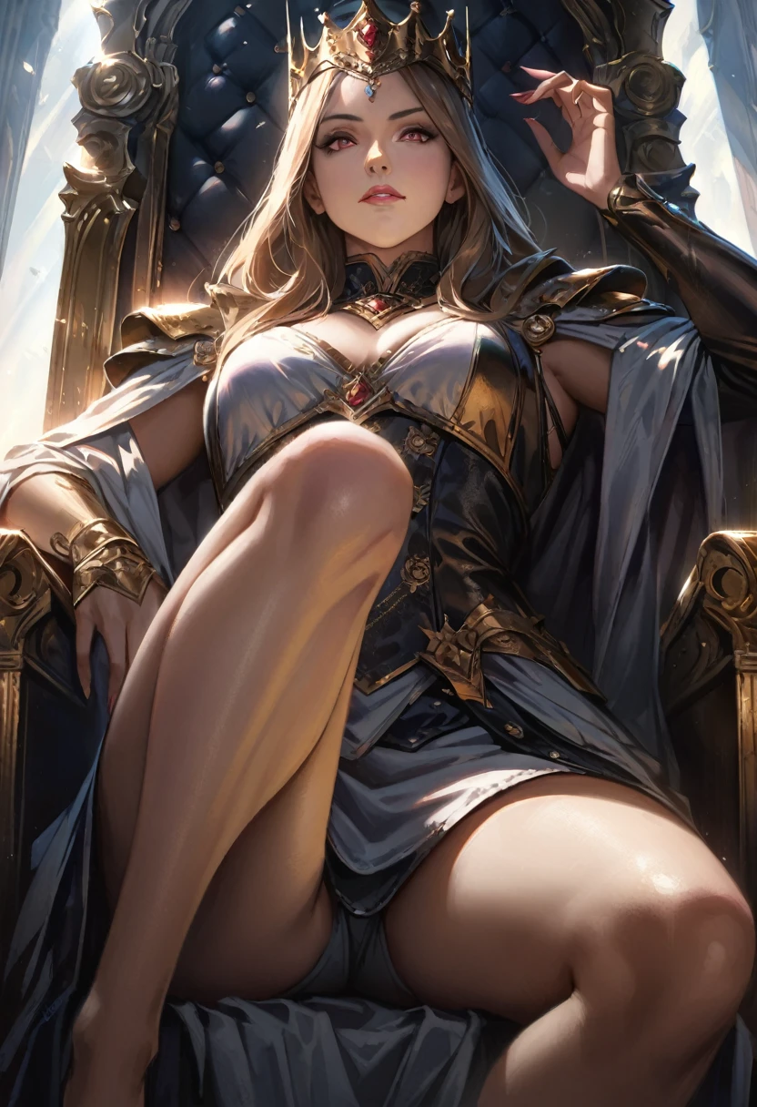 A Queen sitting on the throne, European, detailed face, dramatic lighting, cinematic angle, photorealistic, 8k, high resolution, hyper detailed, masterpiece,refiner: woman face,light beams,open legs