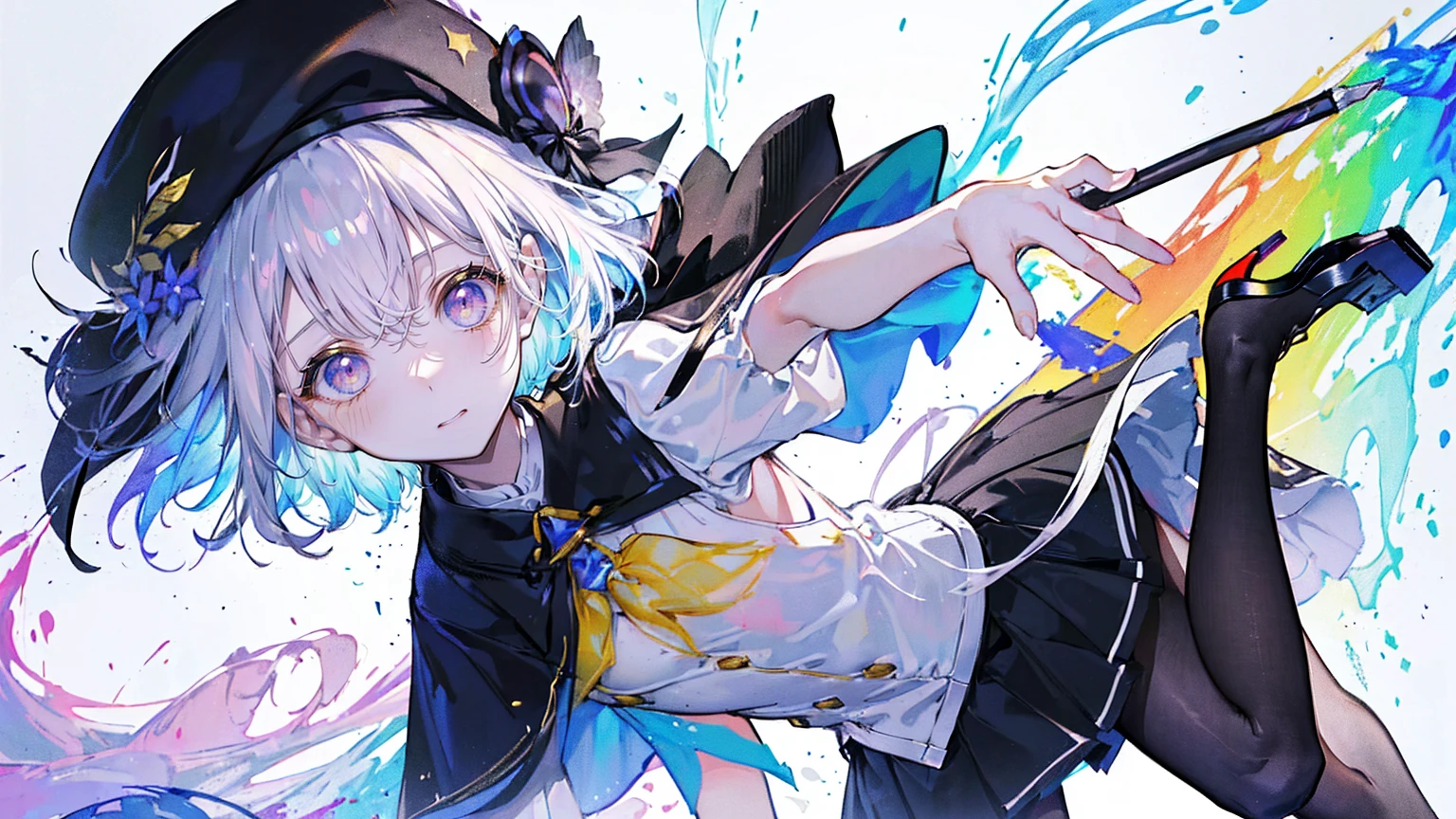 (Super detailed)),((illustration)),((masterpiece)),(((need))),((fine、Highest quality CG Unity 8K wallpapers,masterpiece),((4K,masterpiece,best quality)),rainbow发的大概16岁的少女,flat chest,short hair,Gold and silver eyes,Golden Apprentice Uniform,Black short cape,Berets,Black shoes,Paint flowing under your feet,Black Silk,Take the color palette,White short skirt covered with paint,Monocle,The walls are covered with portraits,身边有rainbow,phantom,Exhaustion,Overworked,There is a huge drawing board in front of me.,Floating in a white room,Paint condensed in the air,rainbow,individual,Full body picture