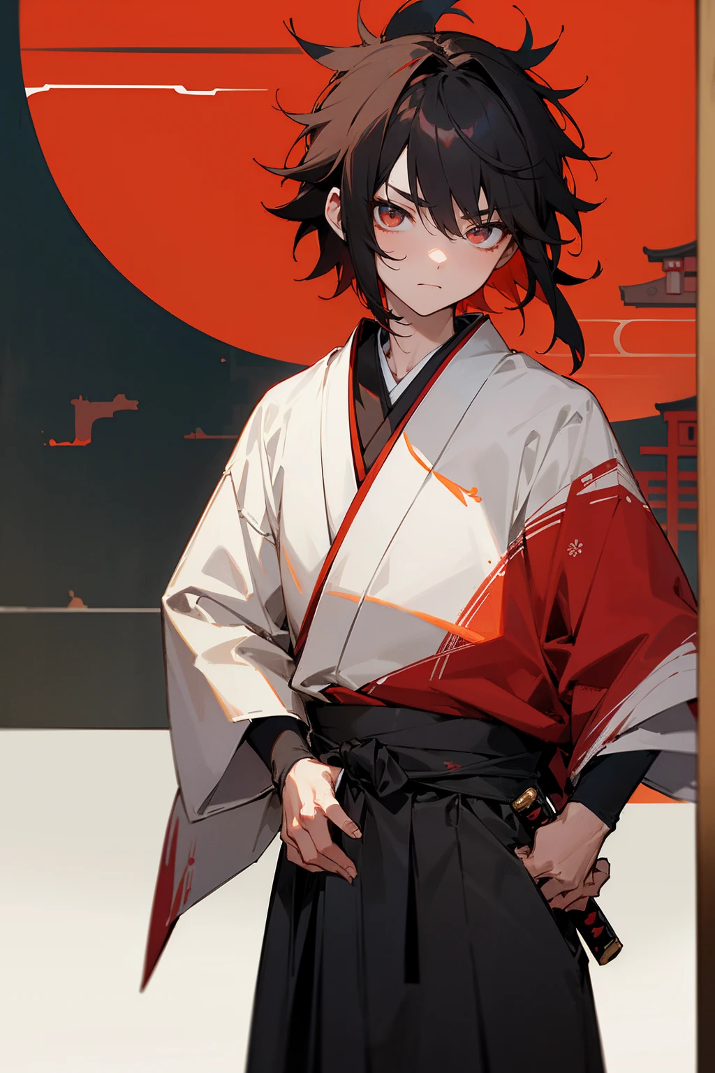 Masterpiece Quality, Perfect Generation, , Detailed Eyes, , Red And Black Short Messy Hair, White And Red Haori, Determined Expression,, , , Standing, Facing Viewer, Male, , Clothed, Kimono, Night, Teen, , Sheathed Katana on hip, Japanese Building, Japanese Building Background, In Front Of Japanese Building