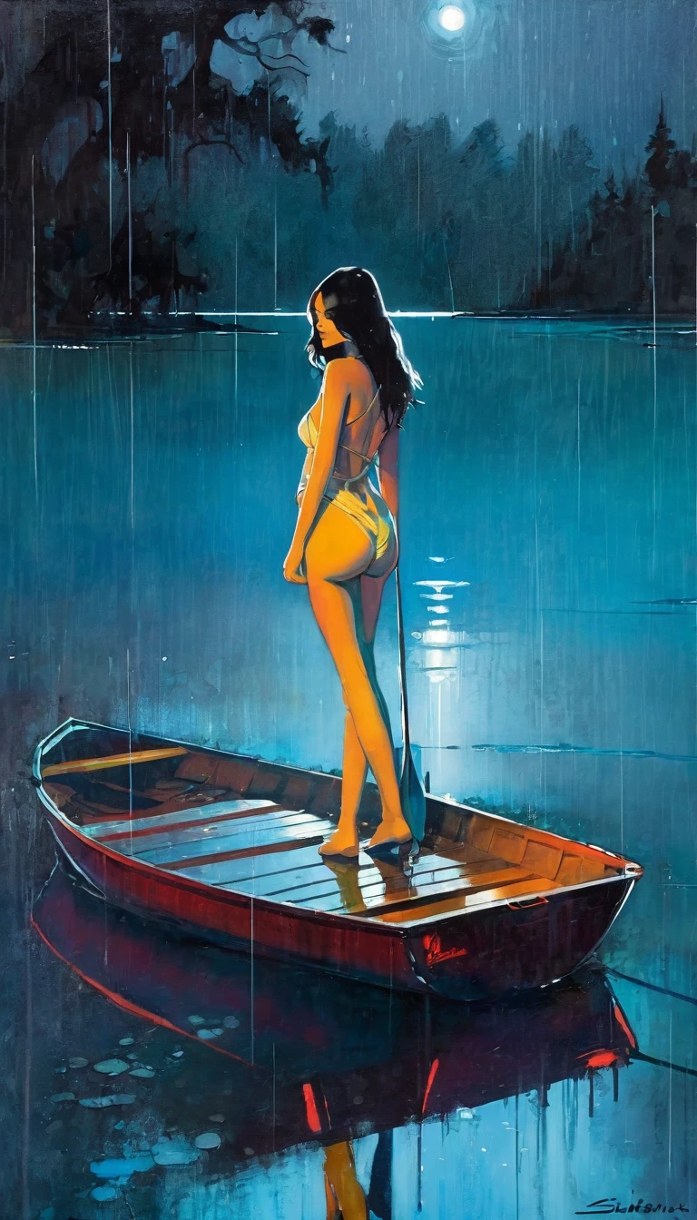 a lake, alone, sexy, night, rain (art inspired by Bill Sienkiewicz ). oil painting)
