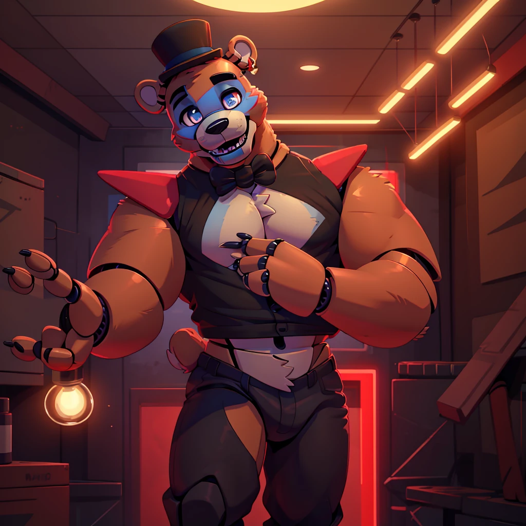 (masterpiece), ((perfect anatomy)), (high Res), (4k), bear, buff, strong, wide shoulders, (robot), (animatronic), happy, ((black open shirt)), ((red pants)), ((black hat)), (cute artstyle), (((solo)))