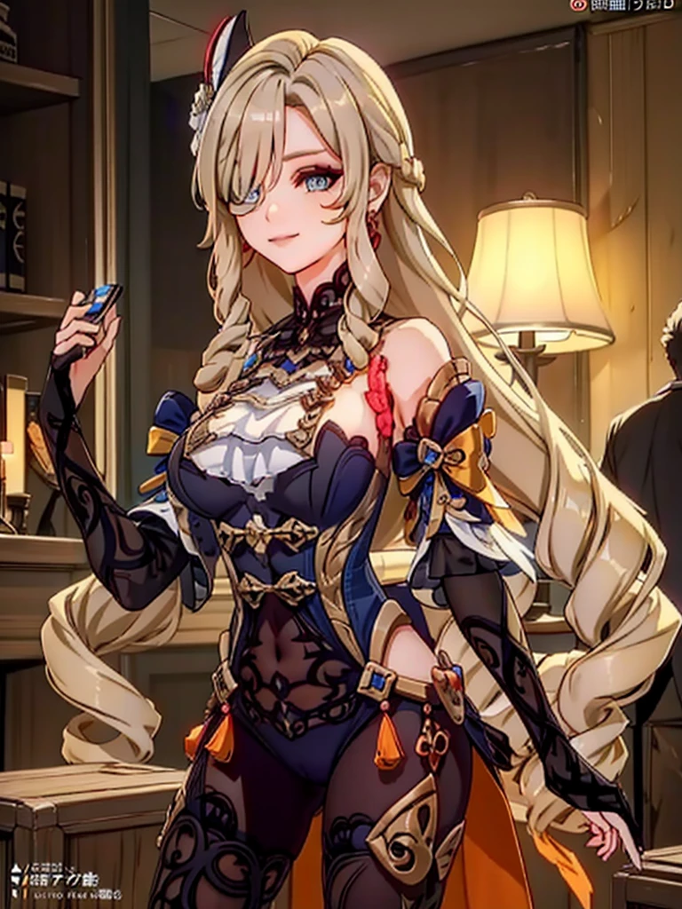 earrings, braided ponytail, puffy sleeves, gold trim, gloves, bodysuit, breast curtain, shoulder cutout, covered navel, hip vent, clothing cutout, tassel, (luxury livingroom background), ShenheV4, anime cels style, best quality, high resolution, 1girl, (huge breasts:1.2), beautiful face, grey hair, long hair, hair ornament, hair over one eye, blue eyes, cowboy shot, smiling