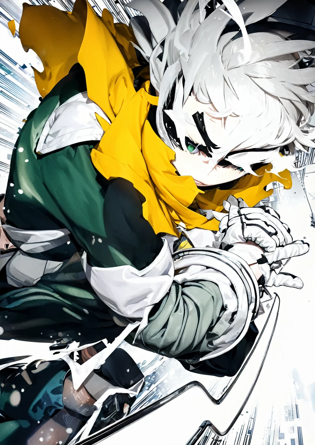 A closeup of a person wearing a green suit and a yellow cape, trend in Station, tall anime boy with blue eyes, manga cover style, trend in Station, shigenori soejima illustration, official art and wears special white gloves, red sleeves, technological