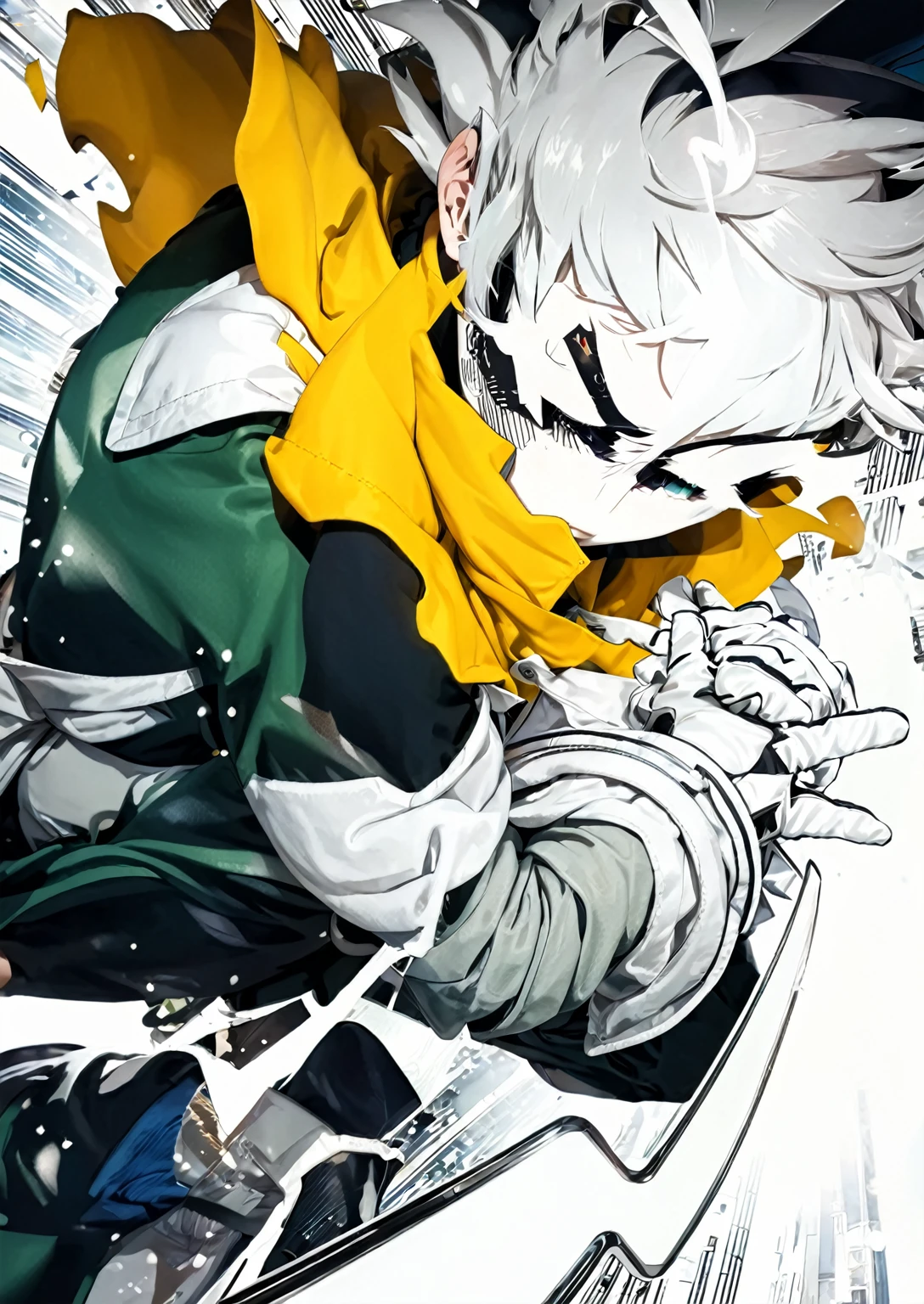 A closeup of a person wearing a green suit and a yellow cape, trend in Station, tall anime boy with blue eyes, manga cover style, trend in Station, shigenori soejima illustration, official art and wears special white gloves, red sleeves, technological