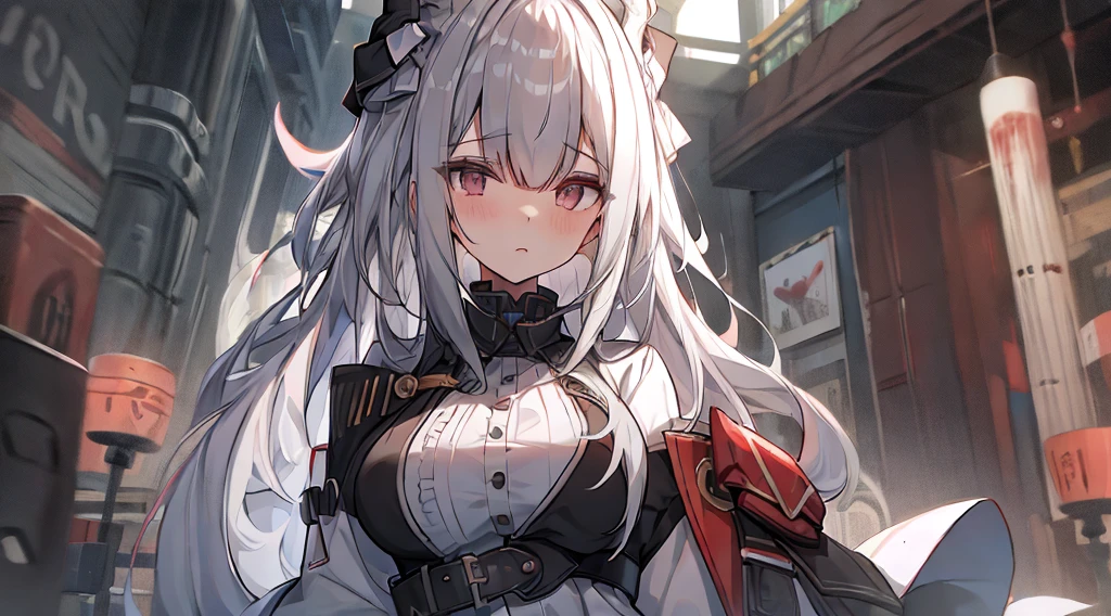 top-quality、Top image quality、tmasterpiece、girl vs.......((18yr old、White dress、best bust、Bust 85、A white-haired woman、Long gray hair、grey-eyed、red string,Black nails,we open our hearts、Happy、return blood))high high quality、visual art、Background with((Black and white world))、Kurosawa film style
